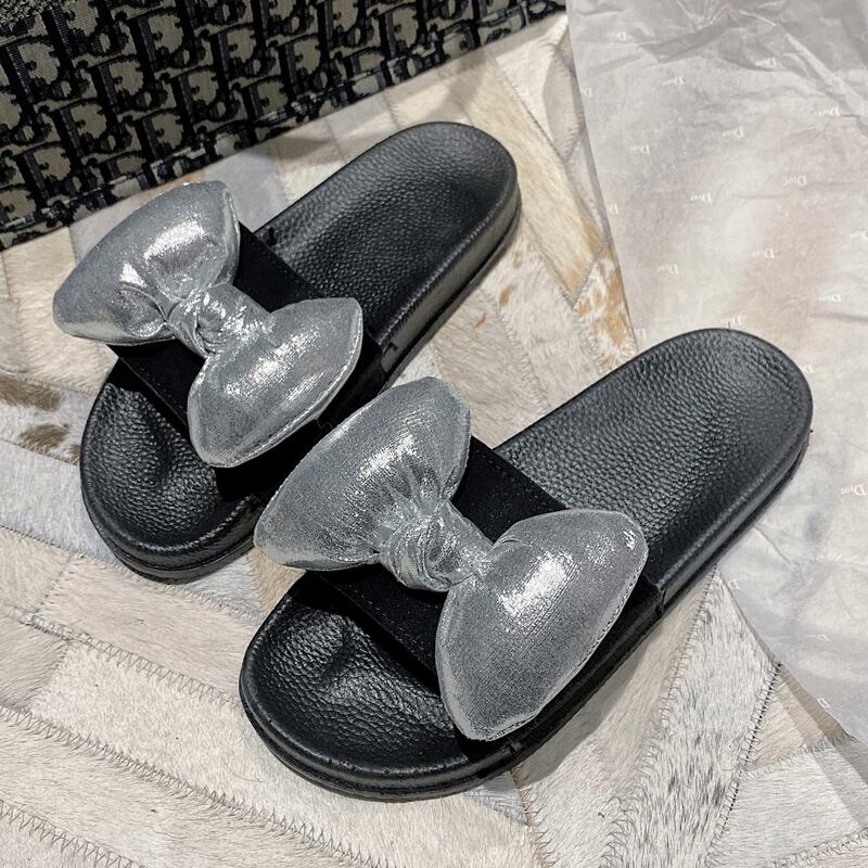 

Open Toe Bow Decor Sliders, Black
