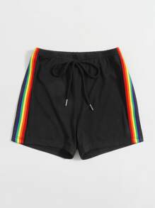 SHEIN EZwear 抽繩腰彩虹側條紋短褲 - 黑色 - 查看 3