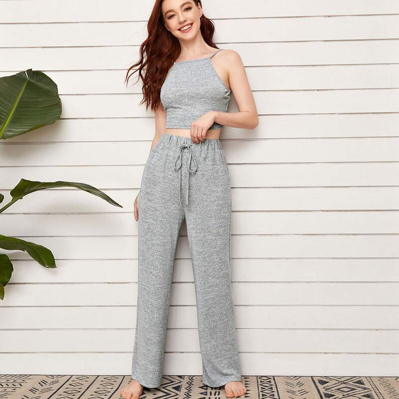 

Space Dye Drawstring Waist Cami PJ Set, Grey