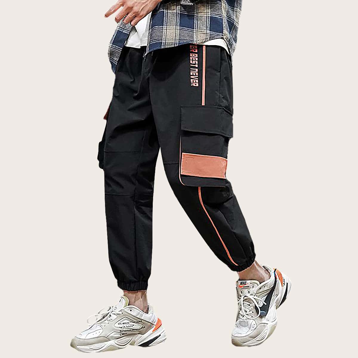 

Guys Letter Graphic Side Flap Pocket Cargo Pants, Black
