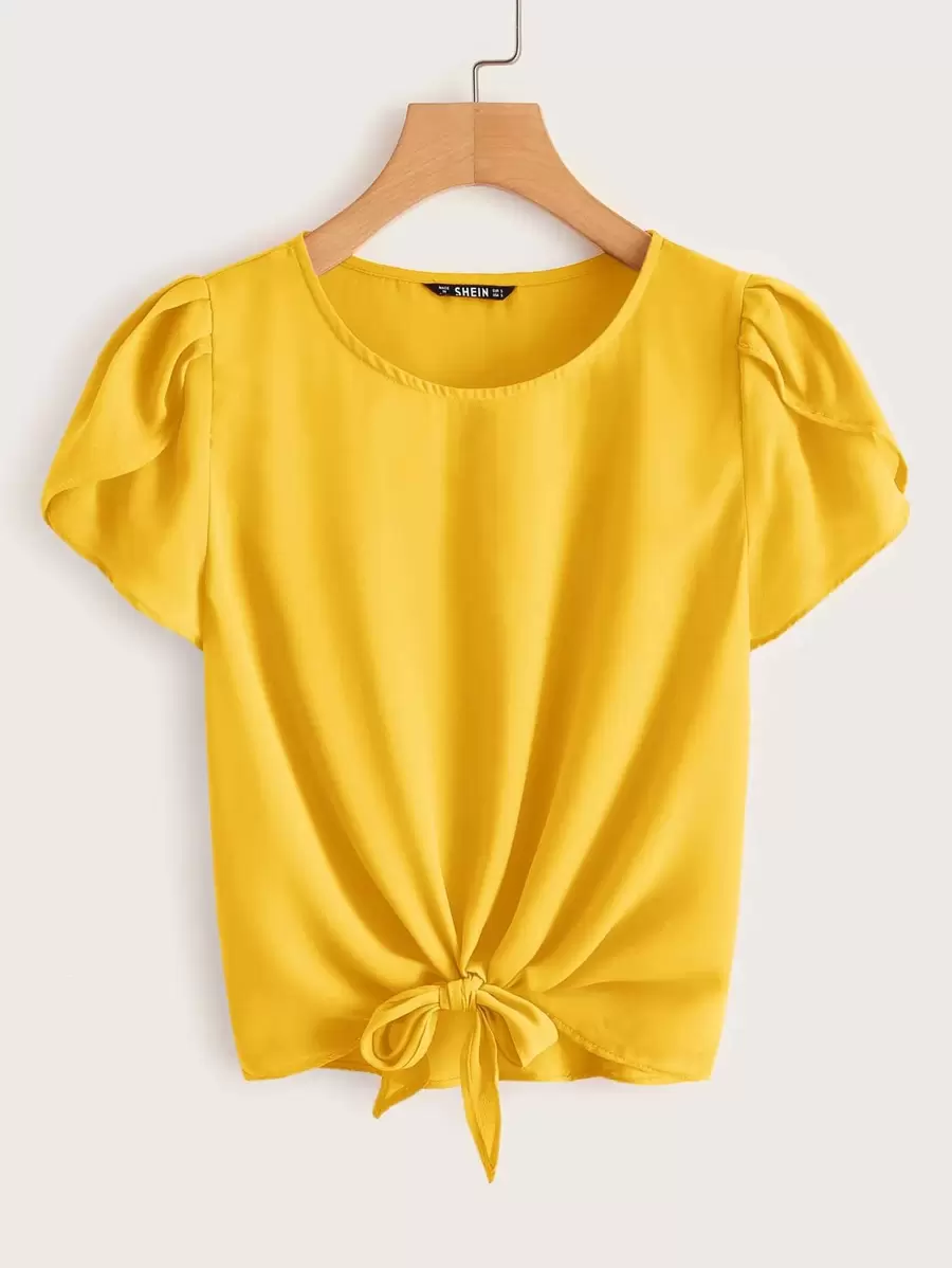 SHEIN LUNE Áo sơ mi Thắt nơ trước màu trơn Màu vàng Giải trí - Màu vàng - Xem 1