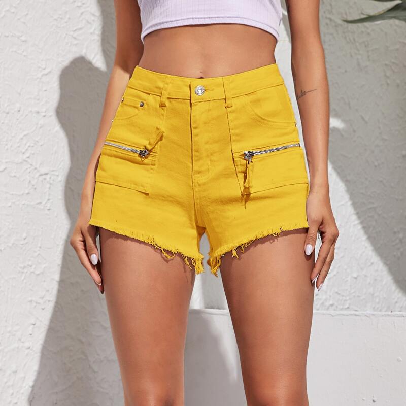 

Raw Hem Zip Pocket Denim Shorts Without Bag, Yellow