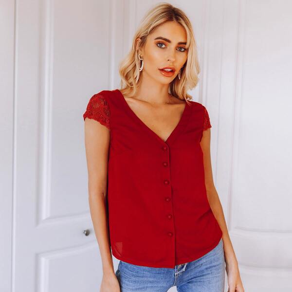 

Button Front Lace Trim Blouse, Red