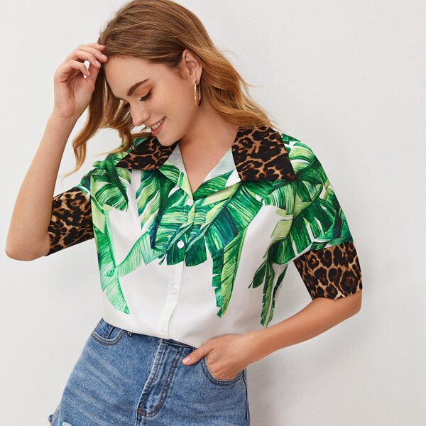 

Tropical & Leopard Print Blouse, Multicolor