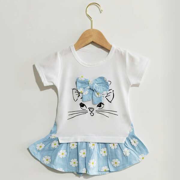 

Toddler Girls Cartoon Graphic Bow Front Floral Ruffle Dress, White