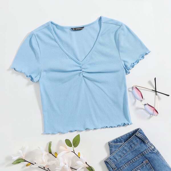 

V-neck Lettuce Trim Rib-knit Tee, Blue