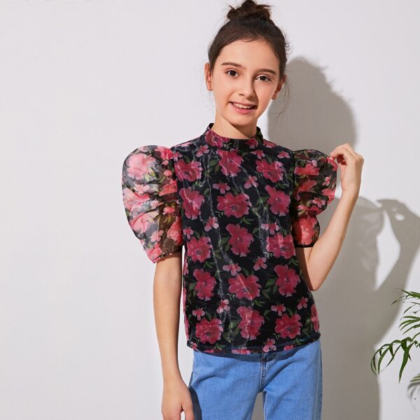 

Girls Puff Sleeve Floral Organza Top, Multicolor