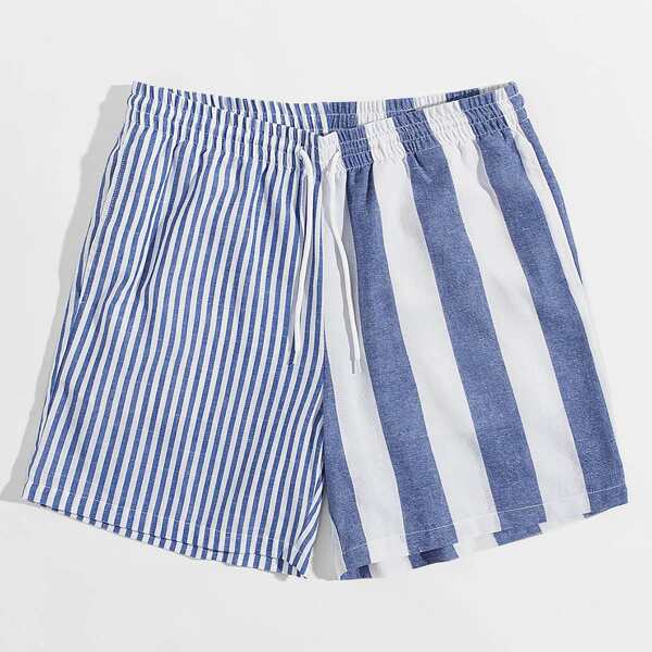 

Men Drawstring Waist Spliced Striped Shorts, Blue