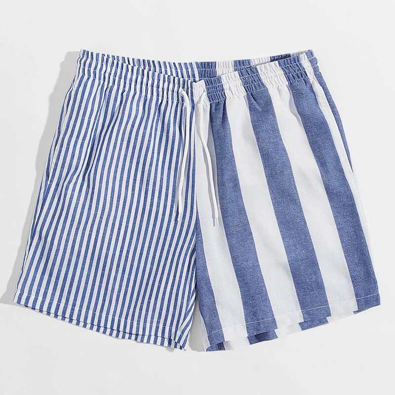 

Guys Drawstring Waist Spliced Striped Shorts, Blue