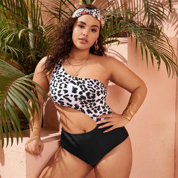 

Plus Leopard One Shoulder One Piece Swimsuit, Multicolor