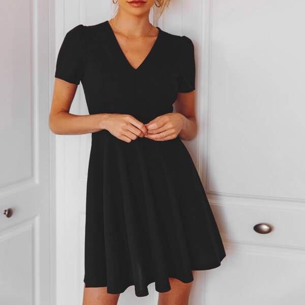 

Button Detail Sheer Lace Back Flare Dress, Black