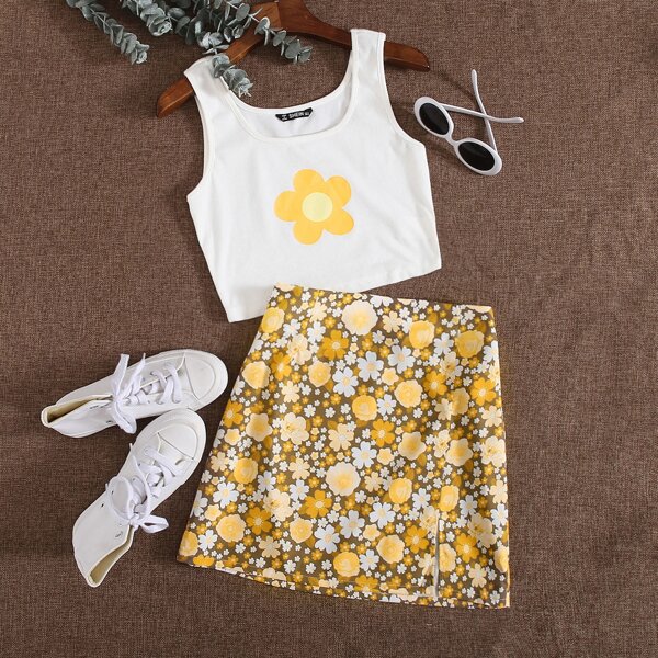 

Floral Print Tank Top & Split Hem Skirt Set, Multicolor