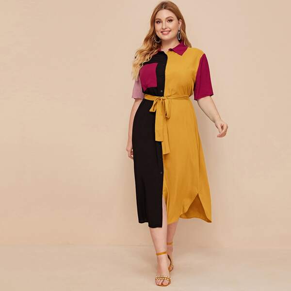 

Plus Pocket Patched Curved Hem Self Belted Shirt Dress, Multicolor