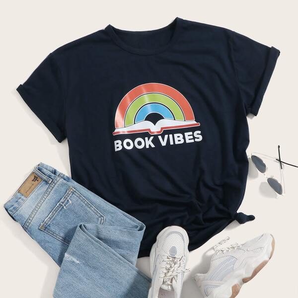 

Plus Letter & Cartoon Graphic Tee, Navy blue