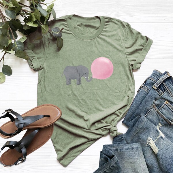 

Cartoon Elephant And Bubble Print Tee, Army green