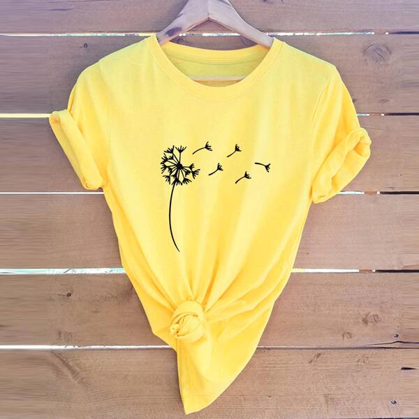 

Dandelion Print Round Neck Tee, Yellow