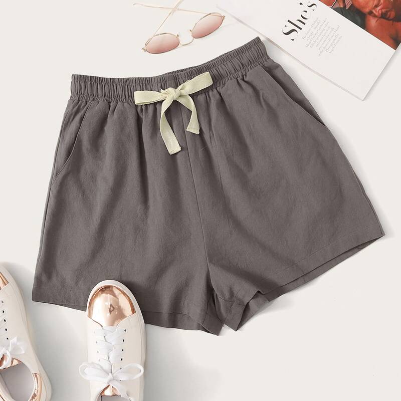 

Drawstring Waist Pocket Patched Back Shorts, Grey