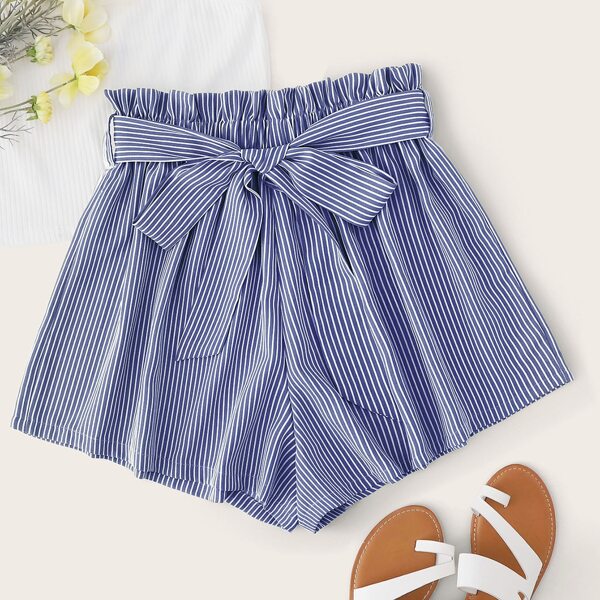

Paperbag Waist Self Belted Striped Shorts, Blue