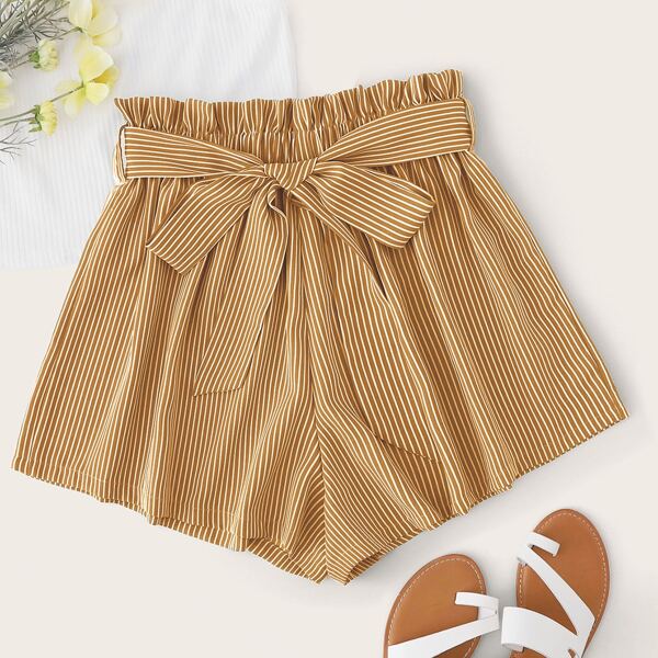 

Paperbag Waist Striped Shorts, Camel