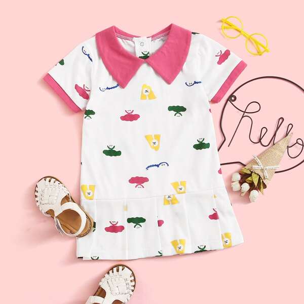 

Toddler Girls Cartoon Graphic Babydoll Dress, White