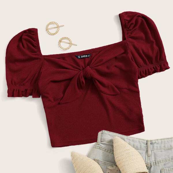 

Puff Sleeve Tie Front Rib-knit Crop Top, Burgundy