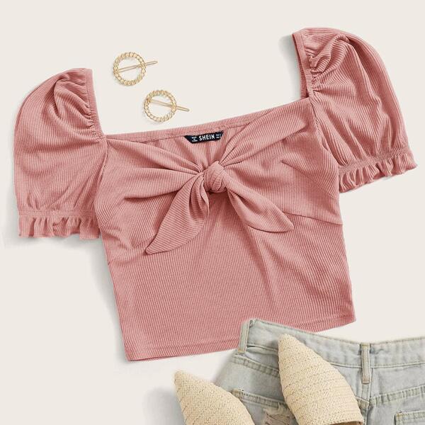 

Puff Sleeve Tie Front Rib-knit Crop Top, Pink