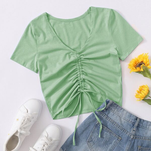 

Ruched Drawstring Front Top, Green pastel