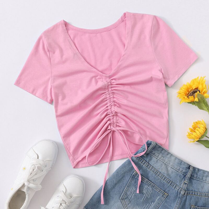

Drawstring Knot Hem Top, Pink
