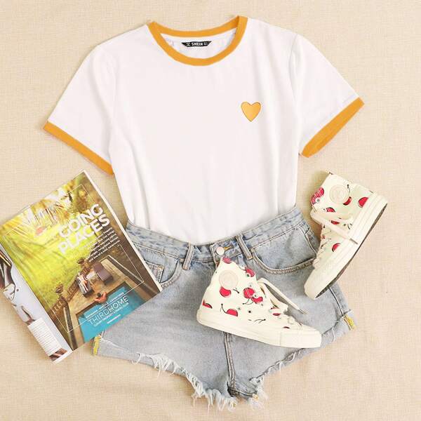 

Heart Print Ringer Top, White