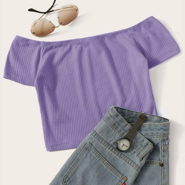 

Off Shoulder Rib-knit Crop Top, Purple