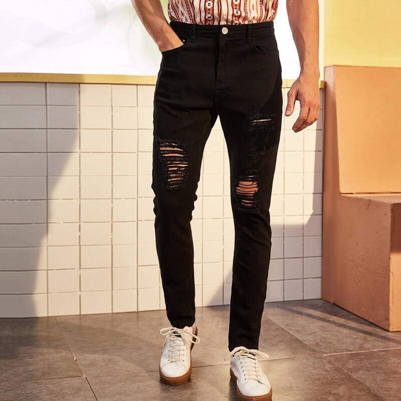 

Guys Ripped Slant Pocket Solid Jeans, Black