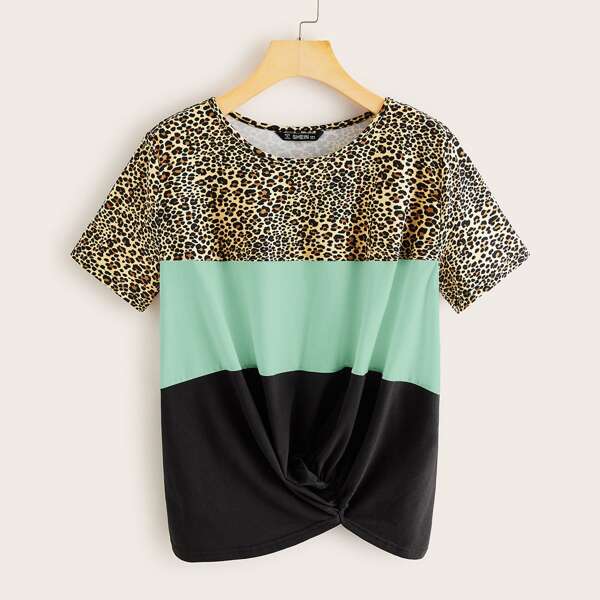 

Colorblock Twist Hem Leopard Panel Top, Multicolor