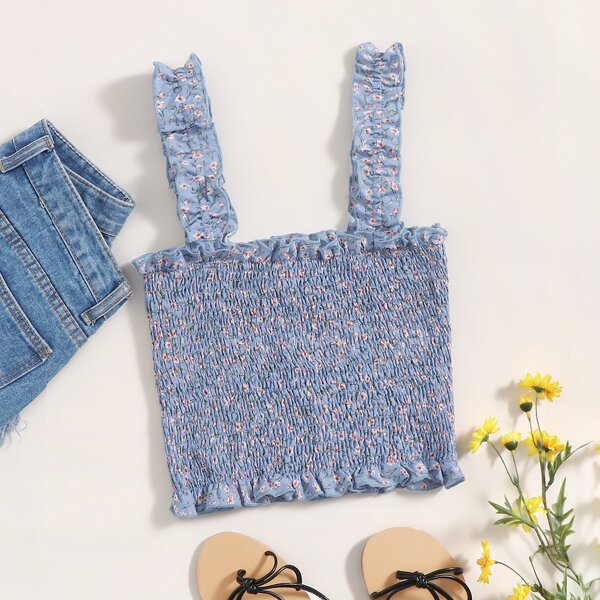 

Ditsy Floral Ruffle Strap Shirred Crop Top, Blue