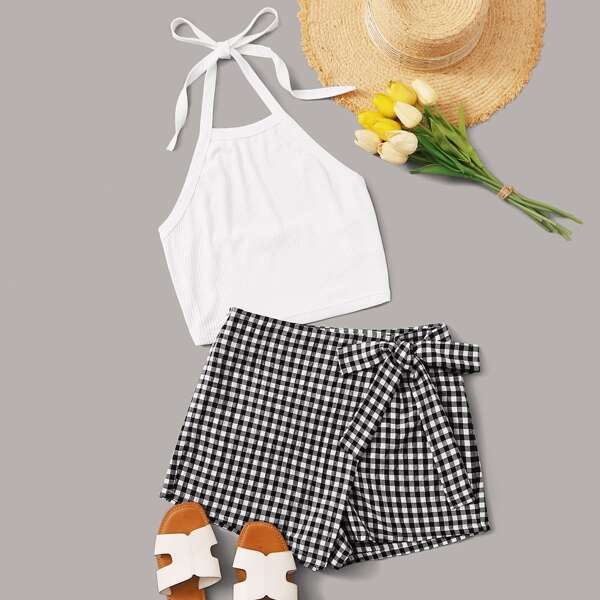 

Топ-халтер и юбка-шорты в клетку размера плюс, Чёрнобелые