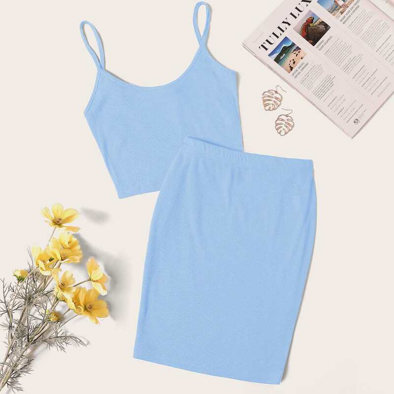 

Solid Rib-knit Cami Top and Skirt Set, Blue