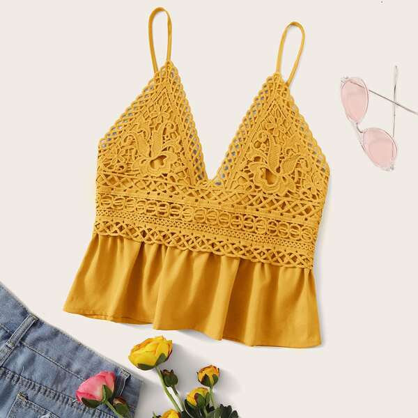 

Tie Back Guipure Lace Cami Peplum Top, Yellow