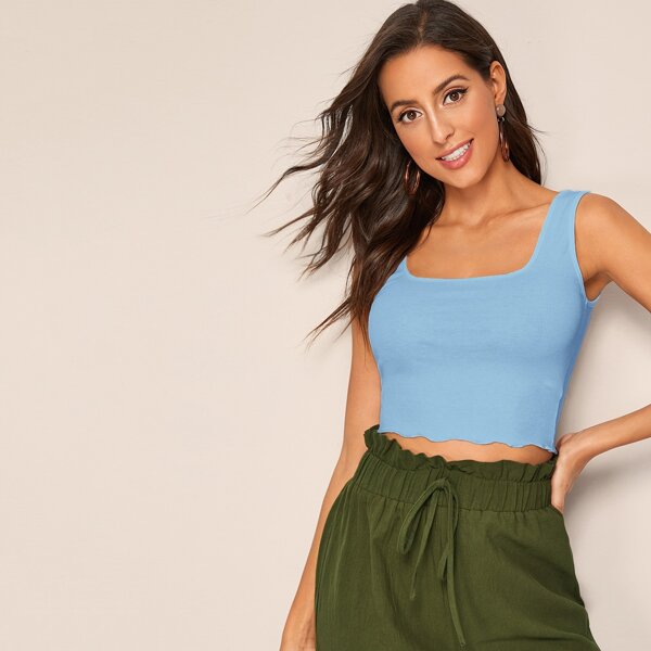 

Thick Strap Lettuce Hem Rib-knit Top, Blue