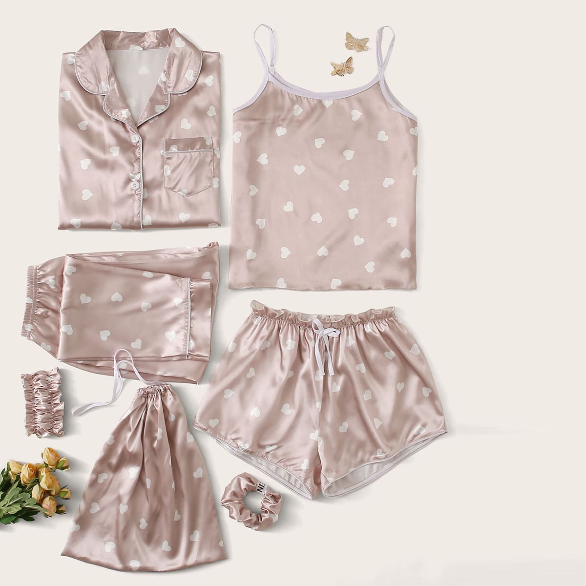 

7pcs Heart Print Pocket Front Satin PJ Set, Pink
