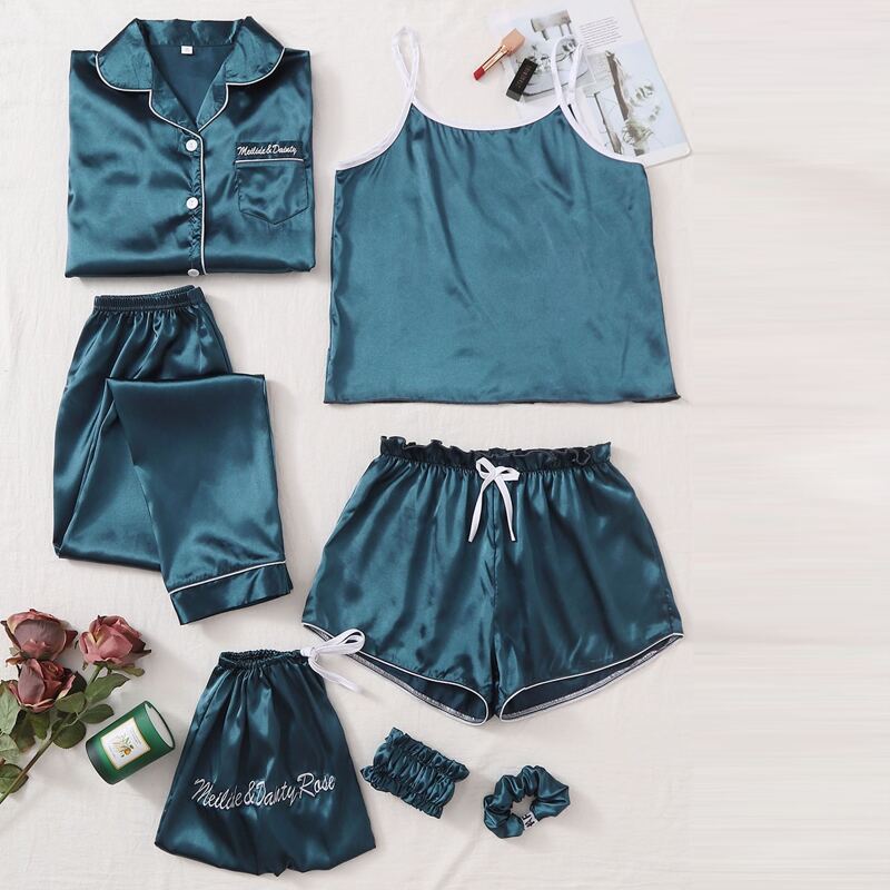 

7pcs Satin Letter Embroidery Contrast Binding Night Set, Green