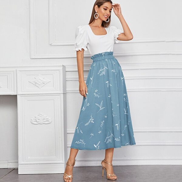 

Square Neck Puff Sleeve Top & Paperbag Waist Skirt, Multicolor