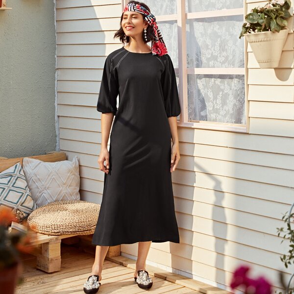 

Contrast Topstitching Raglan Sleeve Tunic Dress, Black
