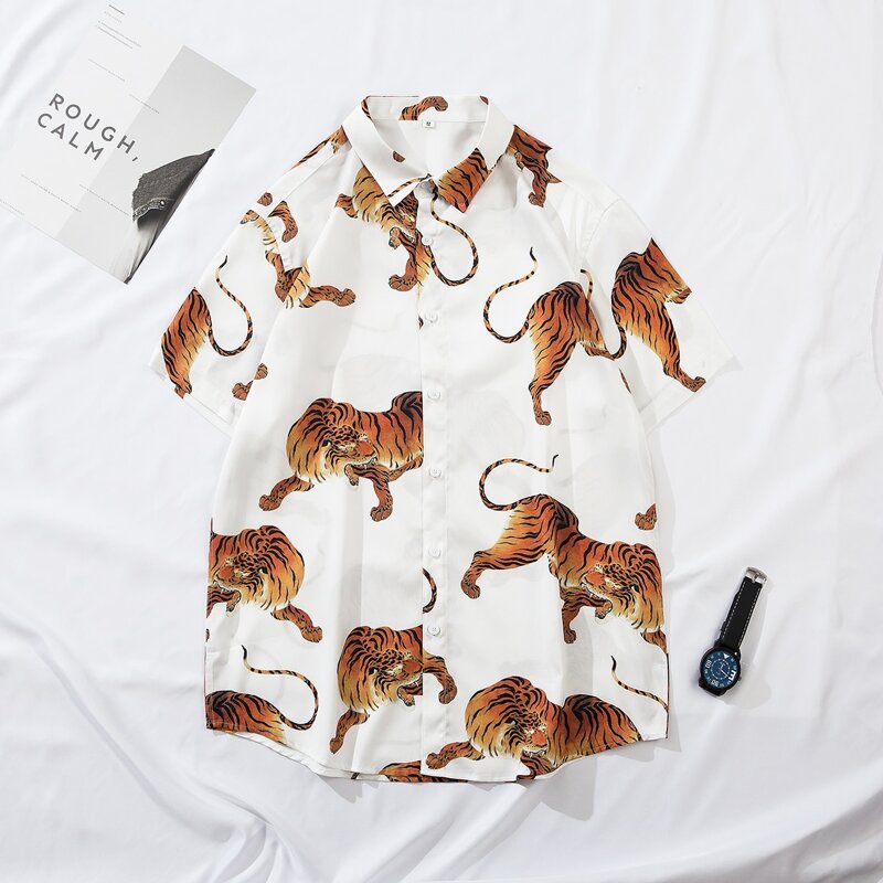 

Guys Tiger Print Button Through Shirt, Multicolor