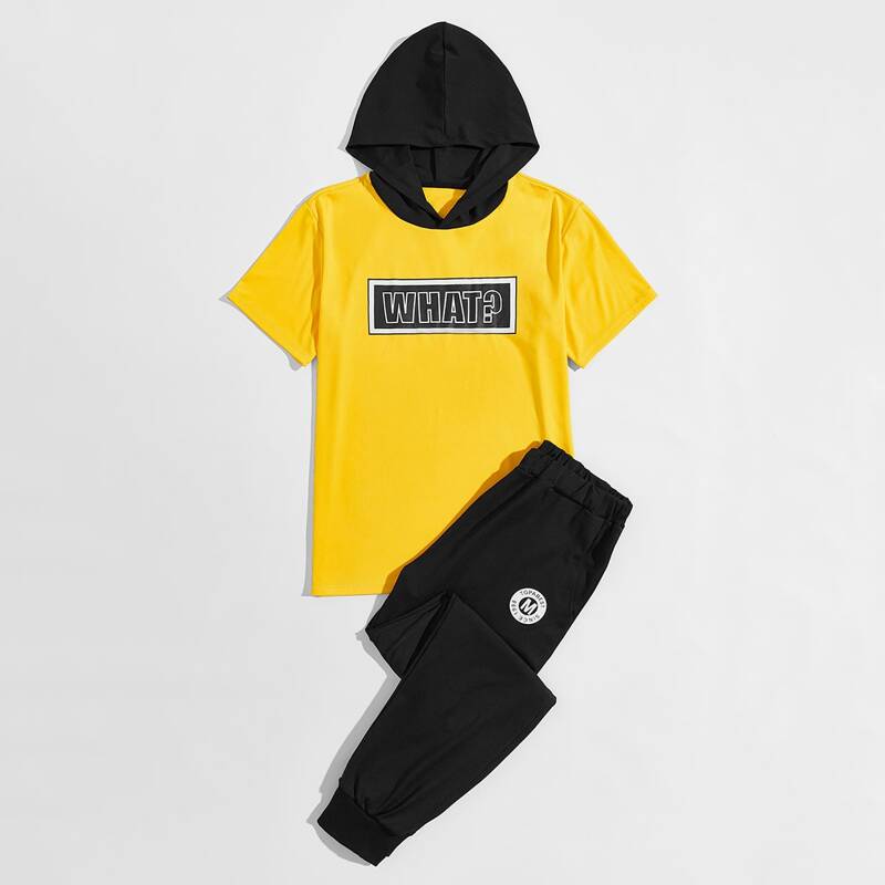 

Guys Contrast Panel Letter Graphic Hooded Tee & Sweatpants, Multicolor