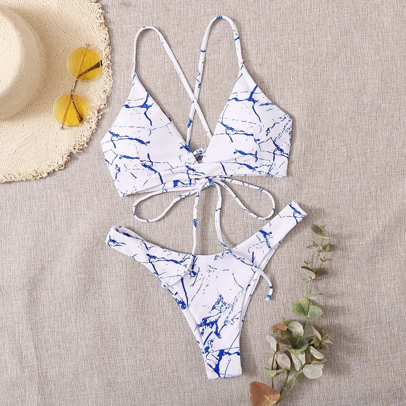 

Marble Pattern High Cut Bikini Swimsuit, Multicolor