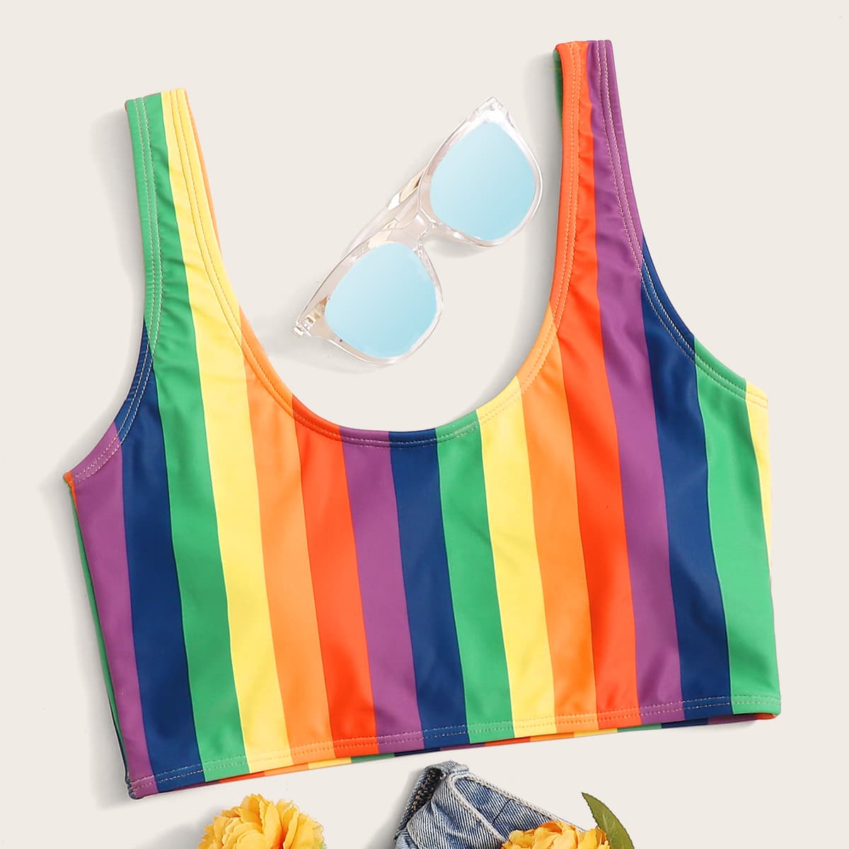 

Rainbow Stripe Bikini Top, Multicolor