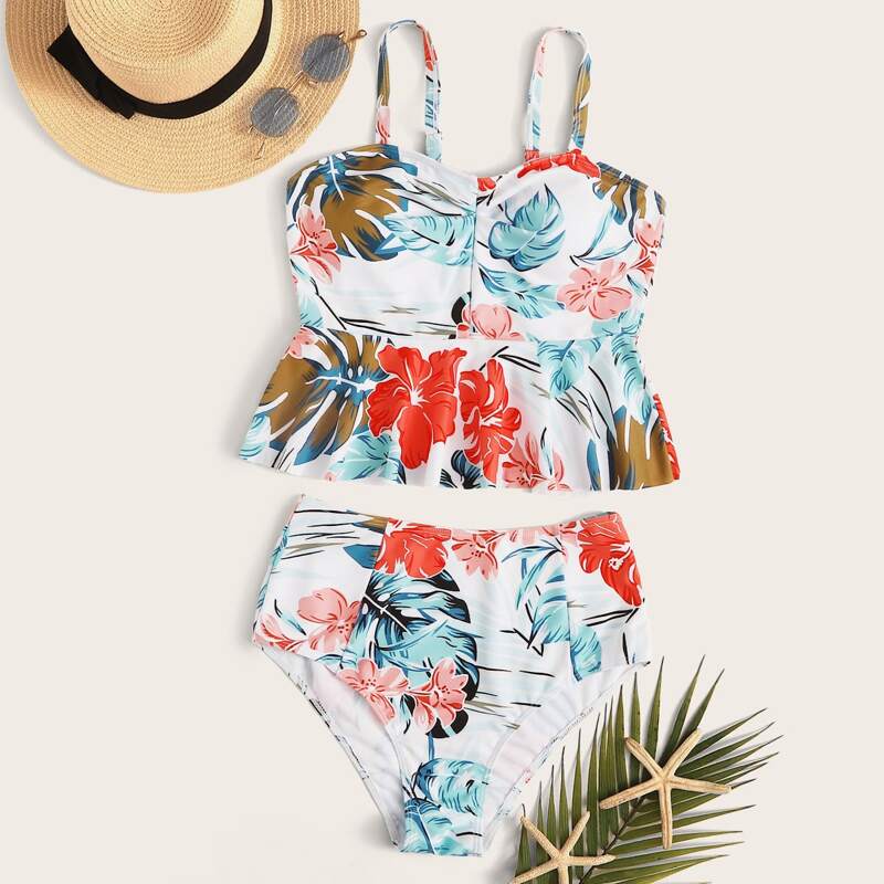 

Ruffle Hem Random Tropical High Waisted Bikini Swimsuit, Multicolor