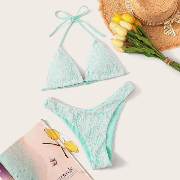 

Lace Overlay Halter Triangle High Cut Bikini Swimsuit, Blue