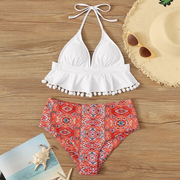 

Pompom Ruffle Hem Tribal High Waisted Bikini Swimsuit, Multicolor