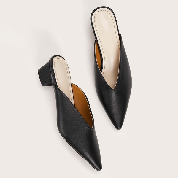 

Point Toe Chunky Heeled Mules, Black