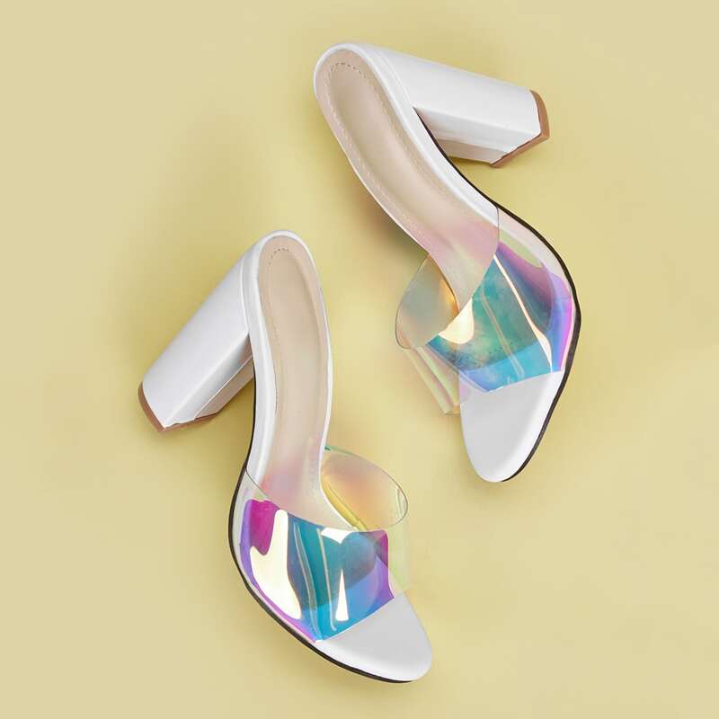 

Holographic Chunky Heeled Mules